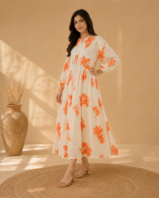 Printed Cotton – Ivory & Sunset Orange